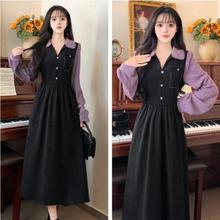 大码女装秋冬法式假两件灯芯绒连衣裙胖mm遮肉显瘦气质撞色长裙子