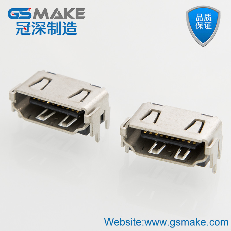 厂家HDMI插座卧式贴片母座19P四脚无卡点锁扣SMD有弹短体镀锌接口