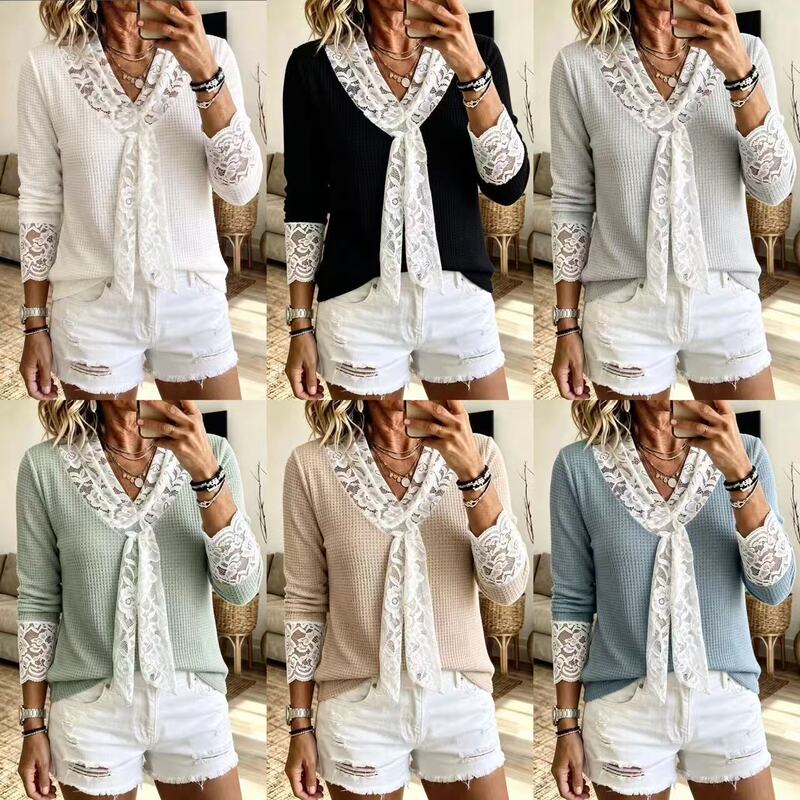 2026 New Cross-Border Waffle Top V-Neck Lace Trim Tie-Up Lace Cuff Long Sleeve Casual Shirt
