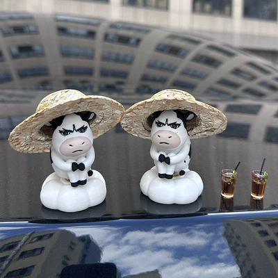 emo grassland cow car ornament electric car interior decoration ugly-cute figurine working cow office desk decoration (Car ornaments) - rotating2-grassland-cows-straw-hat-iced-americano-with-adhesive