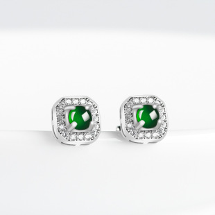 High-grade natural A goods jadeite ink square jade earrings S925 silver inlaid fashion women's earrings wholesale