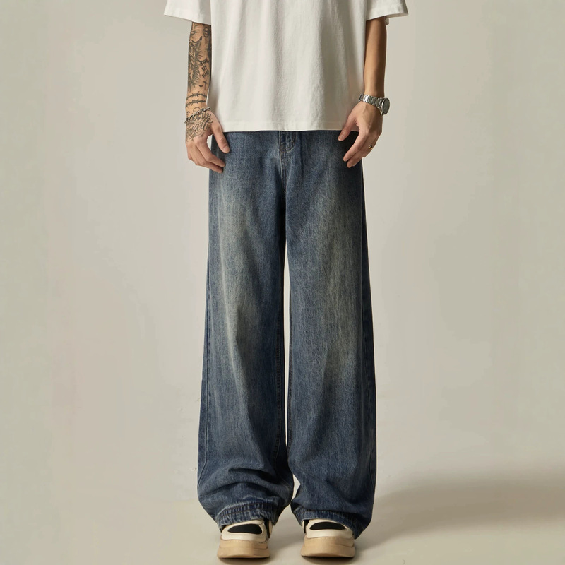 Vintage clean-fit straight-leg pants for men, American high-street style, loose wide-leg jeans, casual long pants, trendy Vintage clean-fit straight-leg pants for men, American high-street style, loose wide-leg jeans, casual long pants, trendy