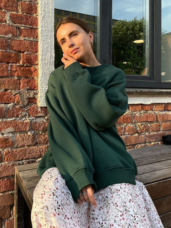 Áo sweatshirt nữ cổ tròn dáng rộng oversize tay dài chất liệu nỉ lông — Hoa màu xám, Màu cà phê, Màu trắng, Xanh navy chi tiết 9