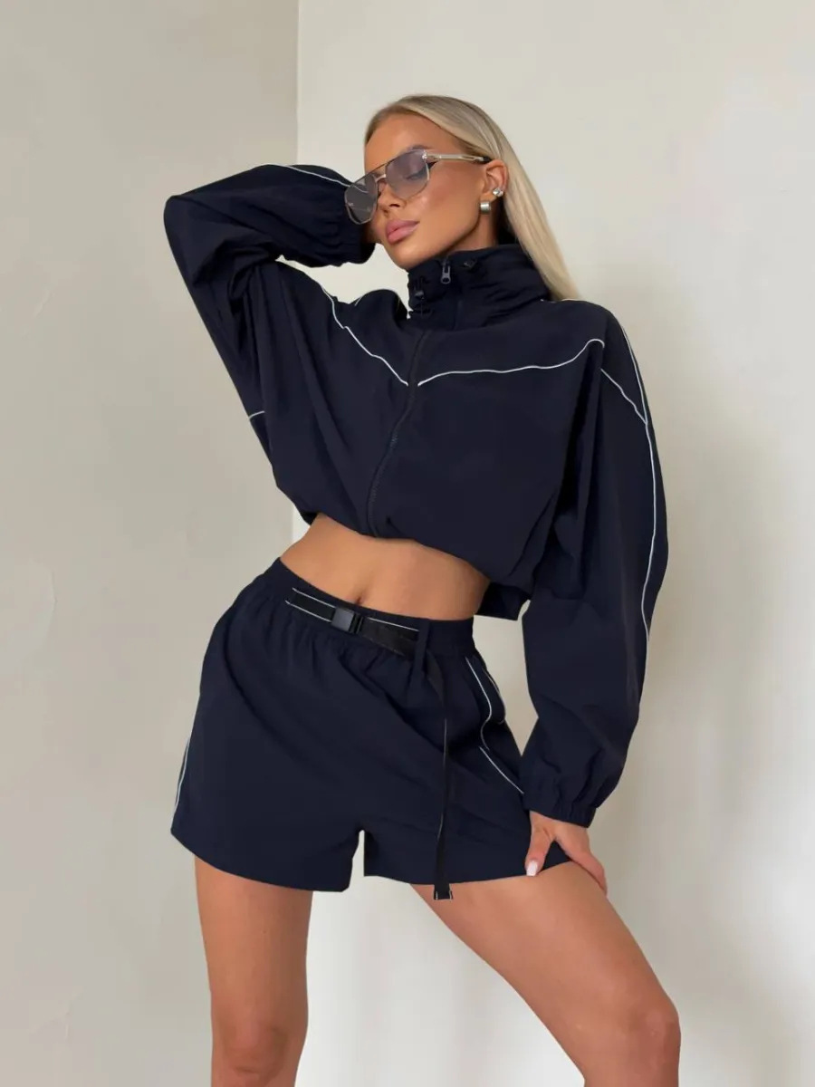 Women's Two Piece Set Solid Long Sleeve Zip Up Cardigan And Shorts_voghion.com