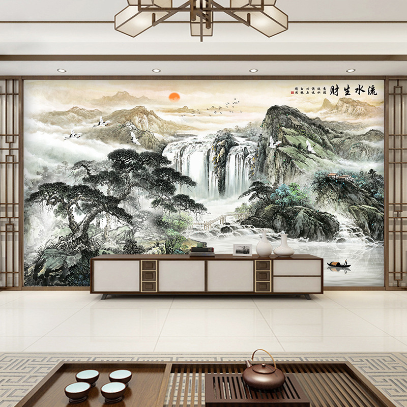 电视背景墙壁画新中式山水画流水生财壁布3D立体壁纸客厅影视墙布|undefined