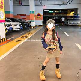 女童春装T恤裙2026秋季新款韩版洋气露肩中大儿童中长版宽松长袖T