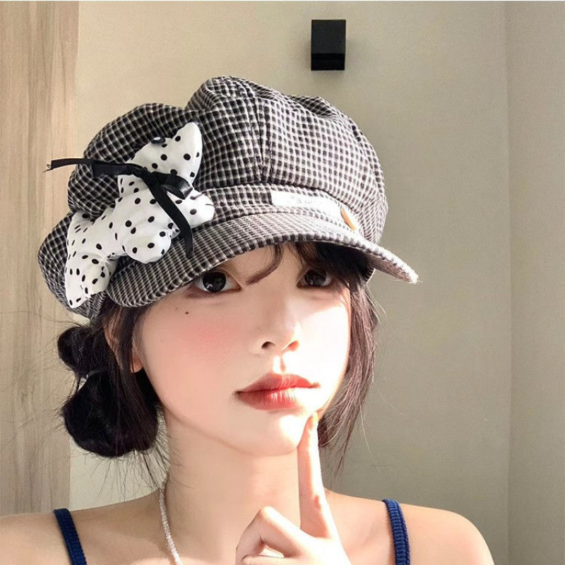 可爱波点小狗贝雷帽薄款夏季显脸八角帽百搭大头帽子云朵格纹帽|undefined