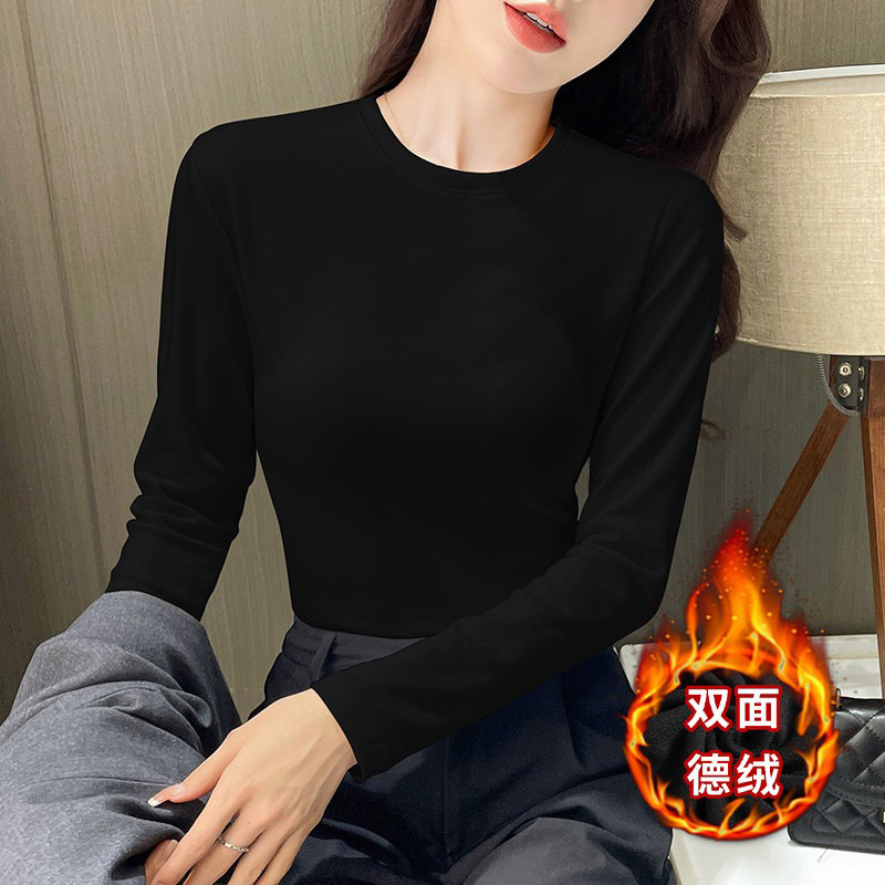 双面德绒圆领加绒打底衫女秋冬款纯色洋气修身显瘦保暖打底上衣|undefined