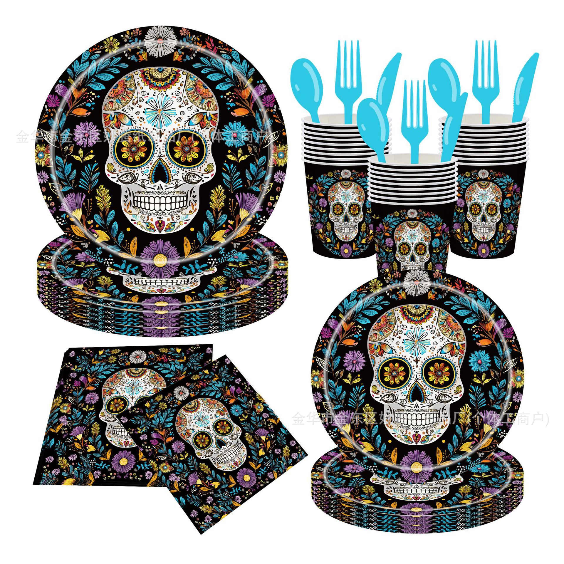 Nuevo producto transfronterizo fiesta de Halloween tema de flor de calavera juego de vajilla desechable fiesta de fiesta bandeja de papel desechable