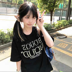 【釘珠】アメリカレトロ立体真珠半袖tシャツ女性夏起爆高級感ゆるいデザイン上着