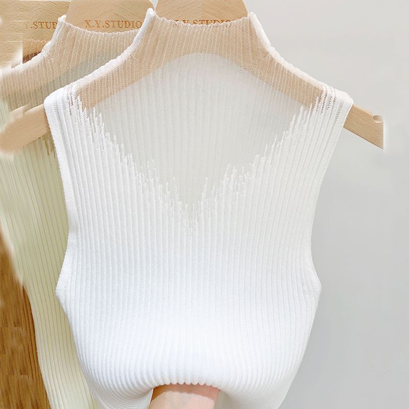 Mesh Sweater Half-Turtleneck Knitted Camisole Women's Inner Layer Sleeveless T-Shirt Short Top for Outerwear Mesh Sweater Half-Turtleneck Knitted Camisole Women's Inner Layer Sleeveless T-Shirt Short Top for Outerwear