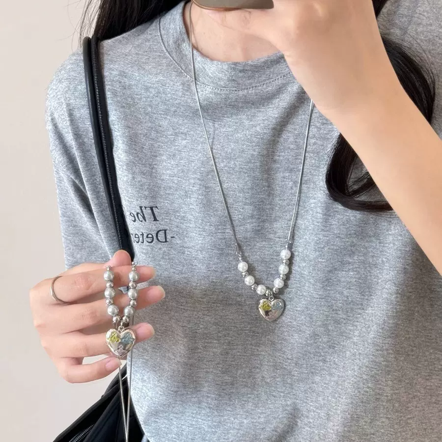 爱心串珠项链女时尚抽拉式长款颈链甜酷辣妹锁骨链小众高颜值项饰