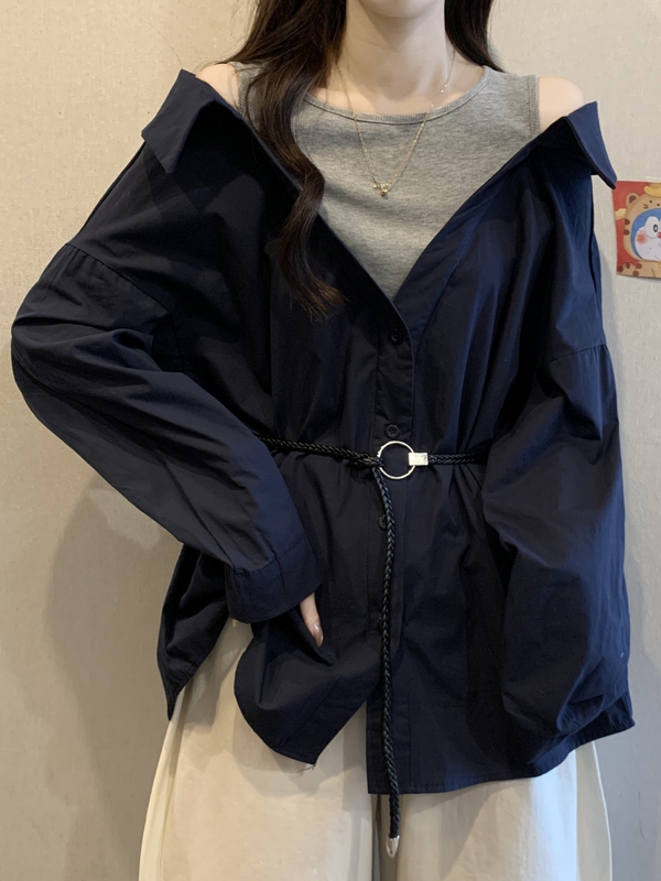 中长款系带收腰长袖衬衫女款春秋2025大码胖mm显瘦假两件露肩上衣|undefined