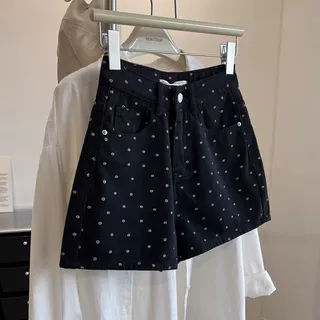 韩版黑色碎花牛仔短裤女2024夏季新款显瘦宽松高腰a字阔腿热裤子