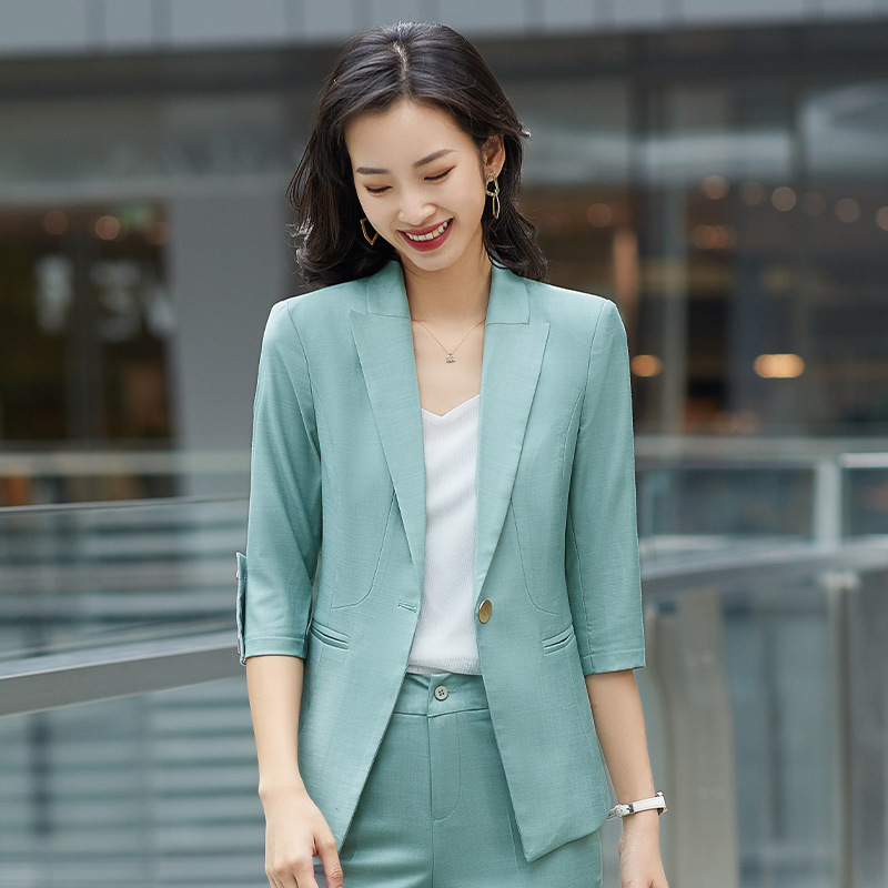 2021春夏韓版時尚氣質修身中分袖小西服女式職業套裝商務休閑白領