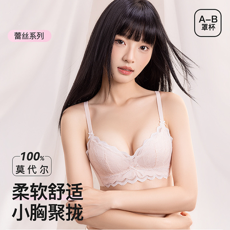 Brand Same Style Spring and Summer New 100% Modal Comfortable Bra Sexy Lace Underwear Women's Small Chest Push-up Bra