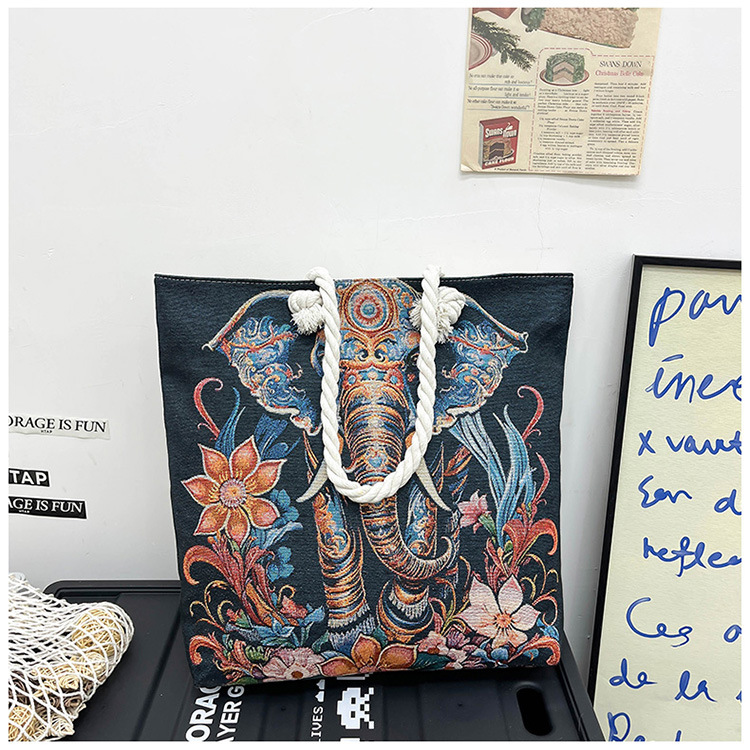 300g Weight Polyester Lining Material Zipper Closure Type Single Shoulder Strap Strap Type Tote Bag Bags Type Holiday, Travel Occasion Canvas Material Elephant Pattern All Seasons Season Women's Gender Ethnic Style, Classic Style Style Square Shape Medium Size Women's Medium Canvas Elephant Ethnic Style Classic Style Square Zipper Tote Bag 28