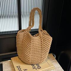 韩版懒惰风钩织编织包棉线镂空单肩草编包纯色休闲棉绳水桶托特包