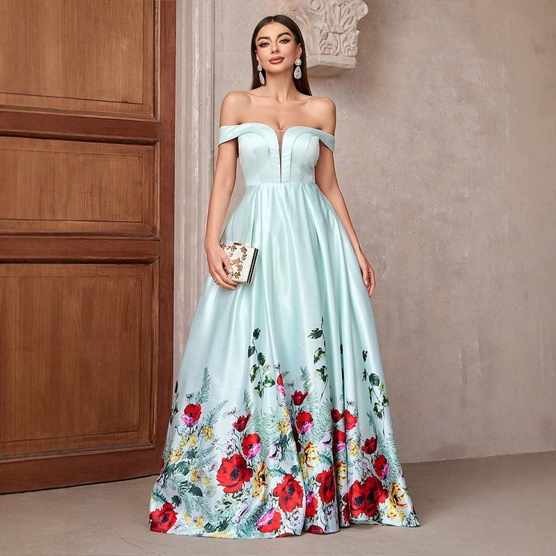 MT001 Cross-Border Foreign Trade Women's Off-Shoulder Floral Print Elegant Long Bridesmaid Dress Party Gown