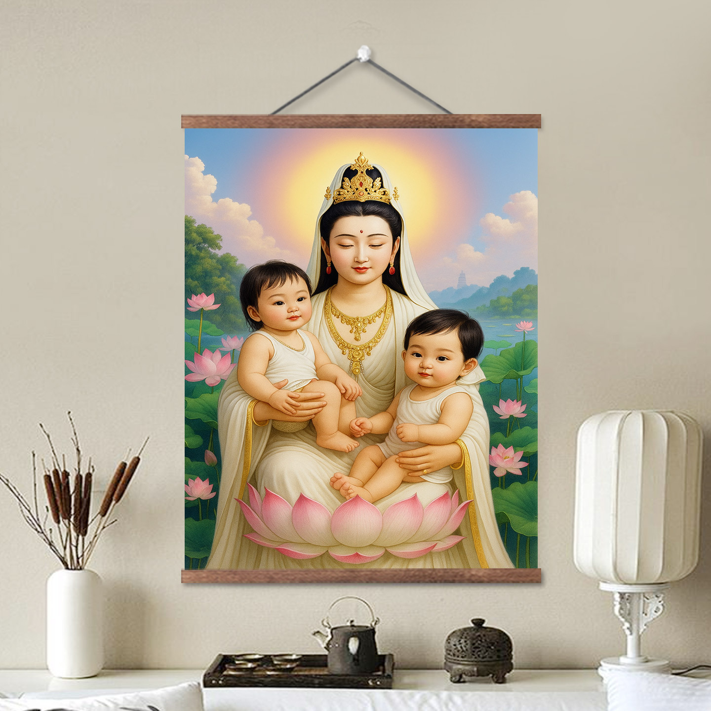 Guanyin's New Scroll Hanging Painting for Home Use, Guanyin Portrait Oil Canvas for Worship, Pregnancy Baby Living Room Hanging Painting