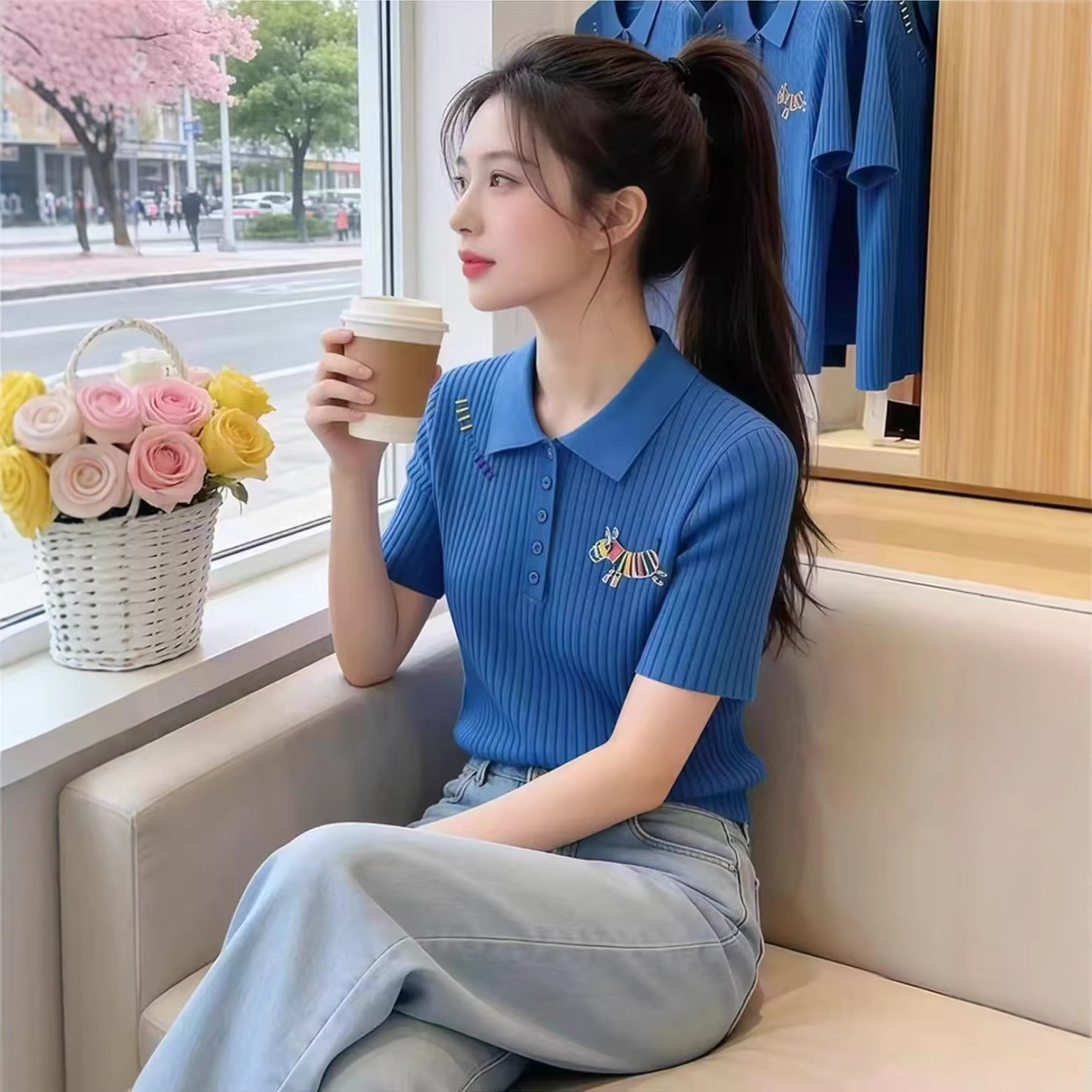 Áo thun polo nữ tay ngắn cổ bẻ họa tiết ngựa nhỏ cầu vồng — xanh lam chi tiết 2