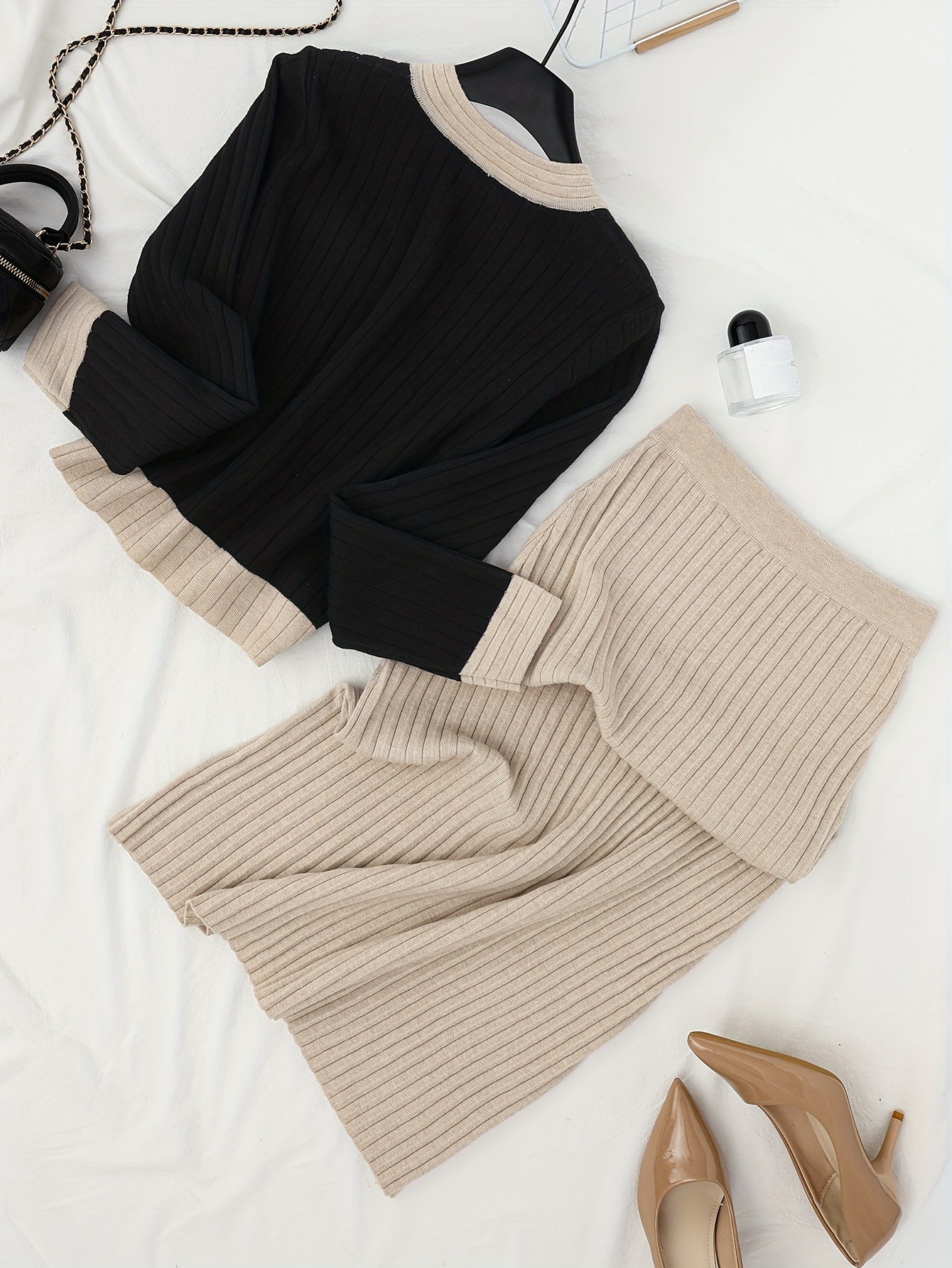 Completo elegante con maglione lavorato a maglia e gonna lunga tinta unita – Top a maniche lunghe color-block con gonna fluida_voghion.com