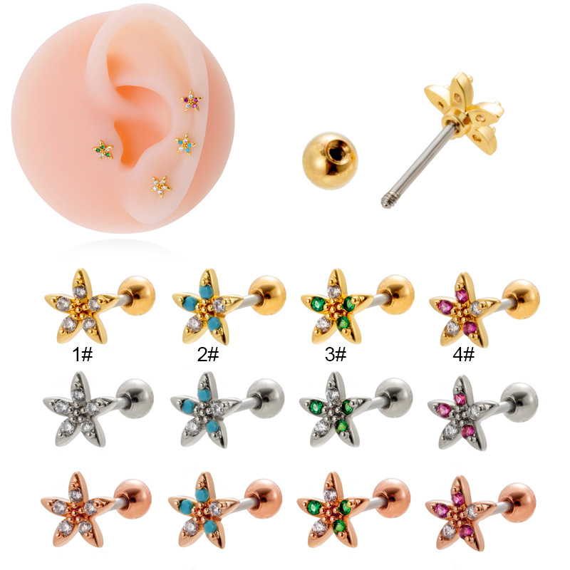 Henson – vis à double tête en acier inoxydable, boucles d'oreilles à tige fine, perforation du cartilage, clous de boucles d'oreilles en forme de fleur en zircon coloré, 2 pièces_voghion.com
