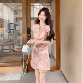 韩系温柔风墨碎花改良旗袍女2026夏季立领盘扣收腰显瘦短裤两件套