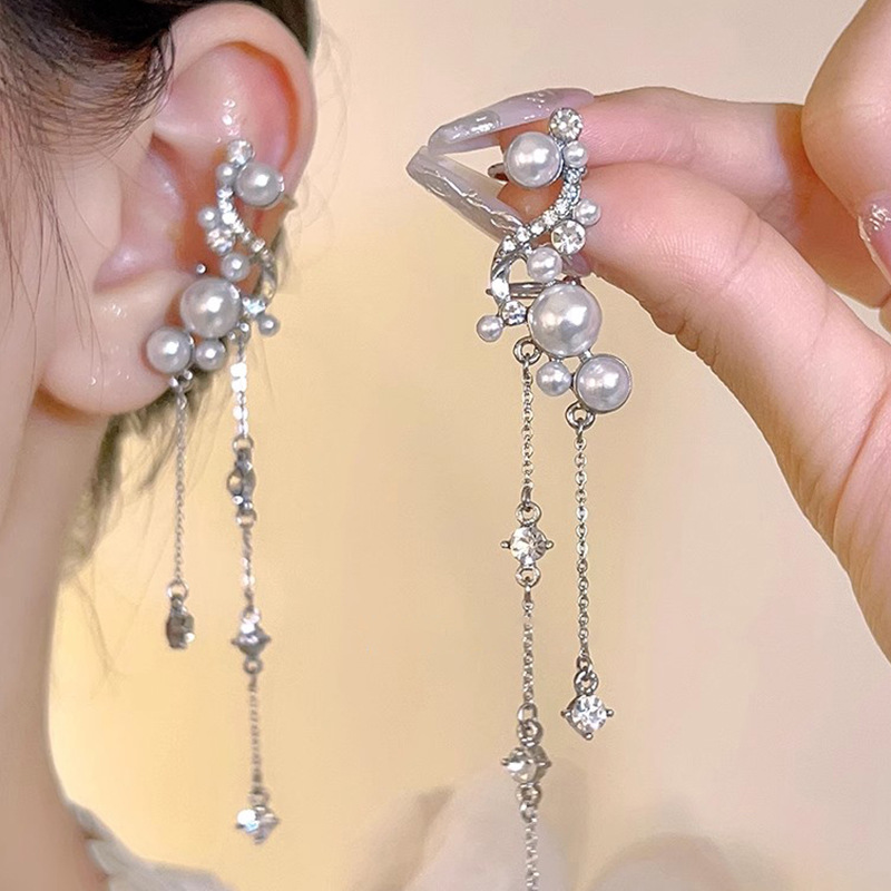 Diseño de nicho de alta gama borla larga sin orejas clip de oreja elegante estilo occidental de las mujeres cara-mirando pequeños nuevos pendientes de moda