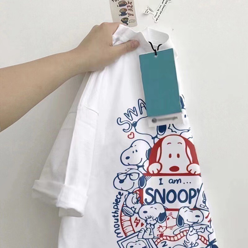 Cotton Back Collar Summer New Japanese Cartoon Printed Snoopy Round Neck Short-sleeved T-shirt for Men and Women Loose Batch