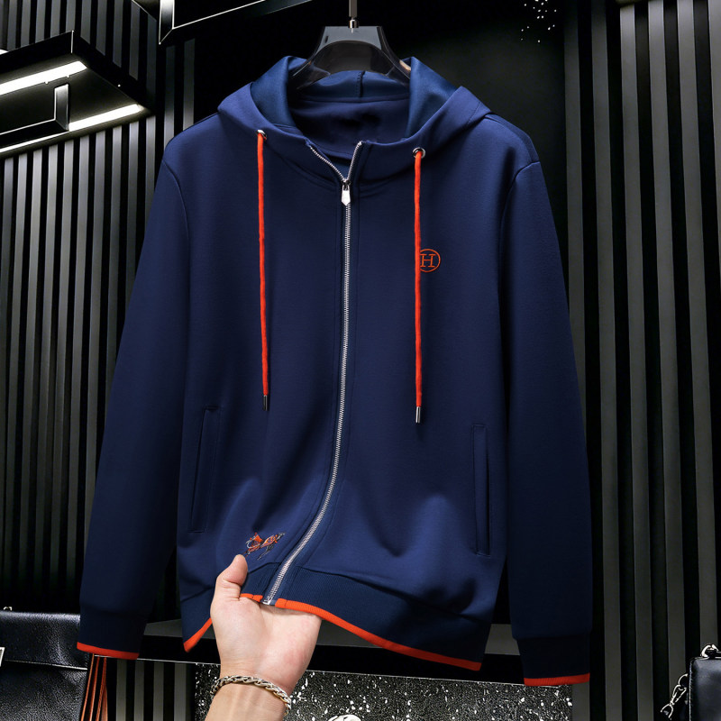 European-style autumn light luxury fashion H horse embroidery soft air-layer men's hooded sweatshirt jacket