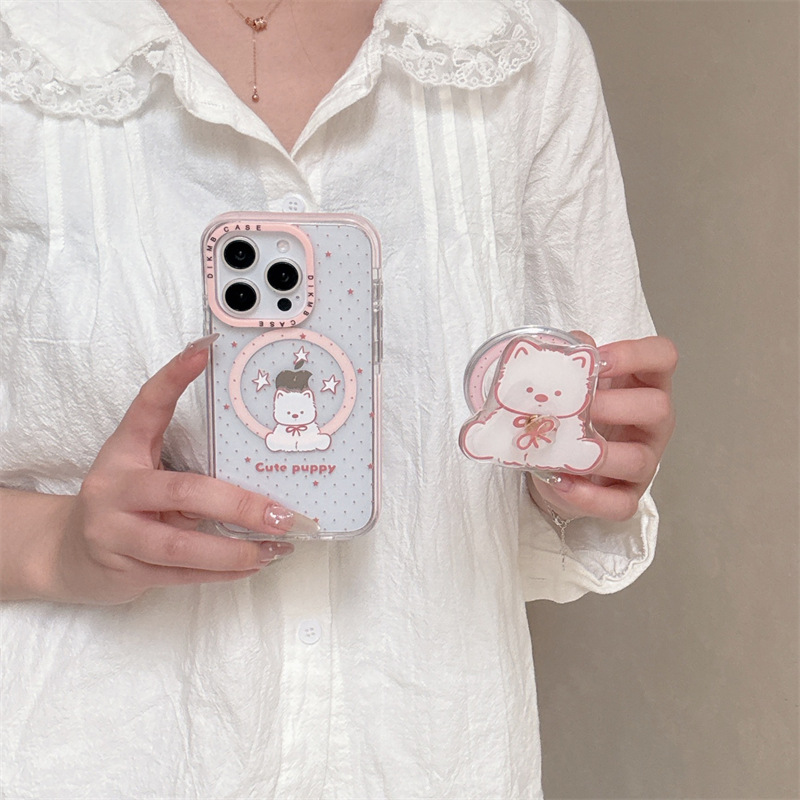 Oso de lazo de dibujos animados de lunares rosa para Apple 16ProMax funda para teléfono móvil 15Pro magnético 14/13 hembra