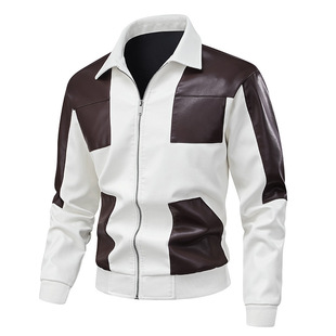 Free Shipping 6802 Leather Coat Biker Suit Men's Spring and Autumn Contrast Color pu Leather Casual Coat Color-matching Puffy Handsome Jacket 2024
