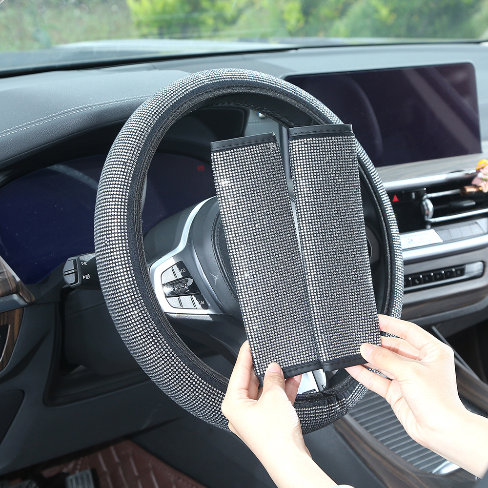 Full-diamond car steering wheel cover, dazzling rhinestone seatbelt shoulder pad, universal for all seasons, rearview mirror protective cover, wholesale