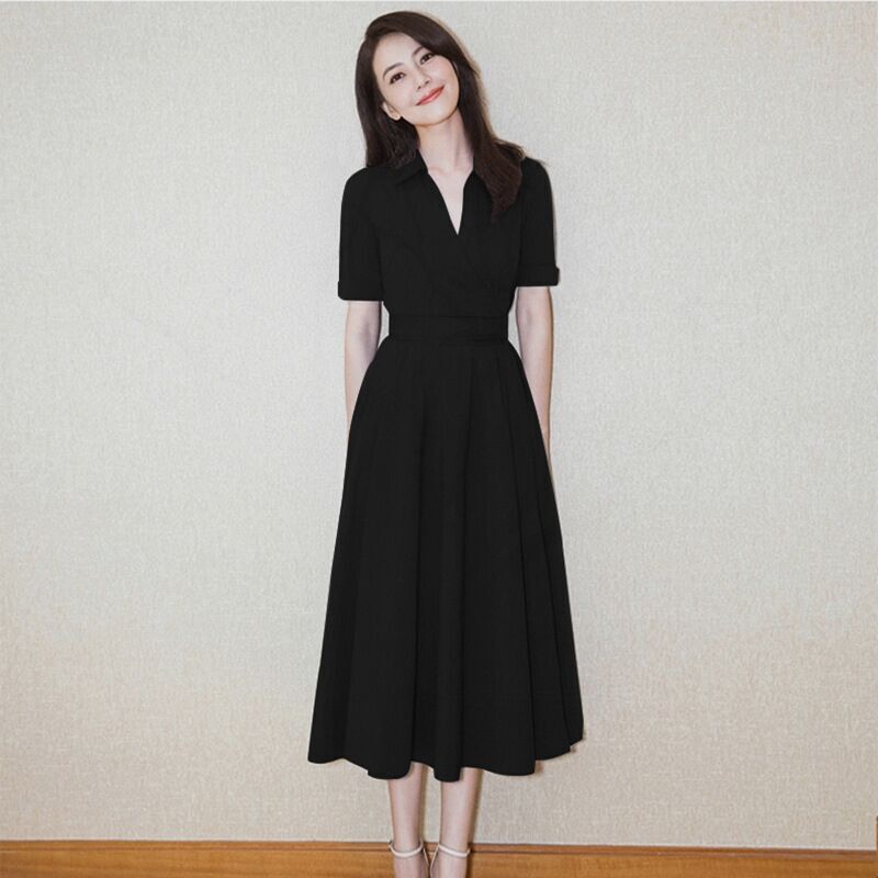 2026 Summer New French-Style Elegant Mid-Length Waist-Cinching High-Neck V-Neck Dress for Women 2026 Summer New French-Style Elegant Mid-Length Waist-Cinching High-Neck V-Neck Dress for Women