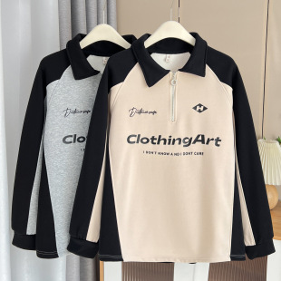 Autumn and Winter chubby girl fleece-lined contrast color POLO collar printed sweater plus size women's warm fashion top 1786