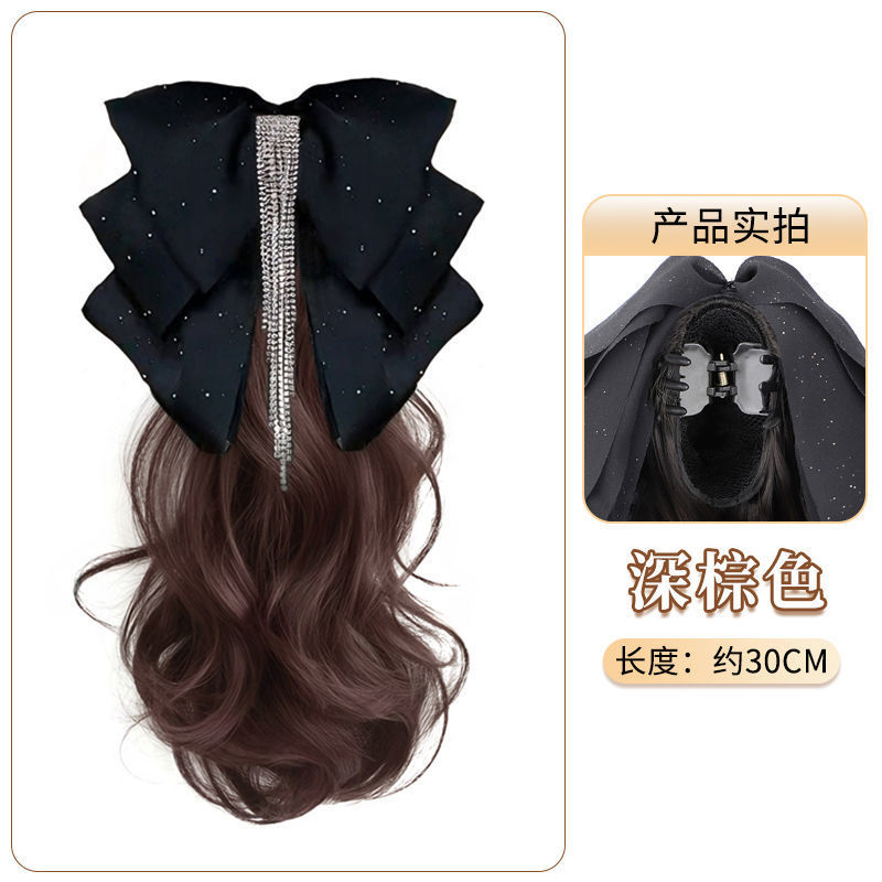 Cauda de caballo pelucón de cabello de mujer larga curva estrella agarrando clip de diamante flange arco de simulación de cabello bajo trenzada falsa cola de caballo