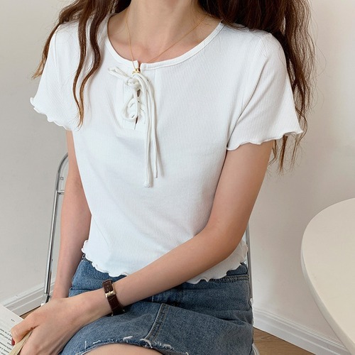 High-waisted Short-Sleeve T-Shirt for Women, Summer, Slim-Fit, Petite Design, with Ruffled Hem, Solid-Color Top