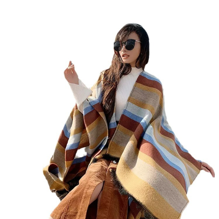 Cachecol às riscas para mulher estilo coreano xale e capa versátil_voghion.com