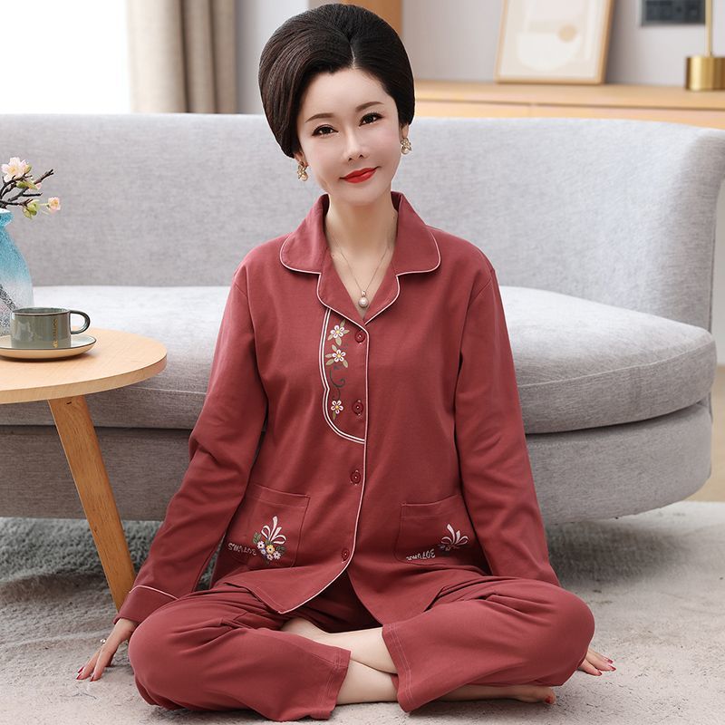 Pijamas de mujer de mediana edad 100% algodón Pijamas de mujer de verano de manga larga de mediana edad y madres ancianas usan traje Delgado