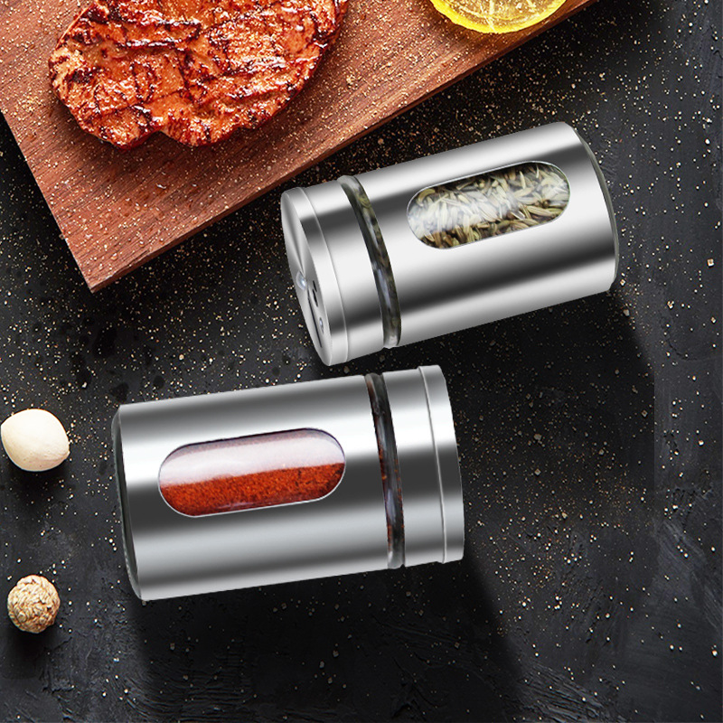 Vidrio condimento botella condimento caja condimento tarro tapa giratoria de acero inoxidable cocina suministros pimentero barbacoa