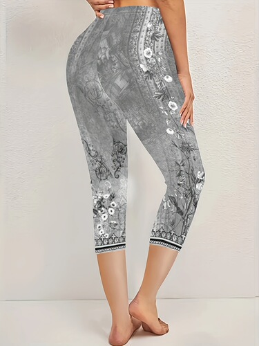 Casual Stretch Women's Gray Floral Capri Leggings floral pantyhose