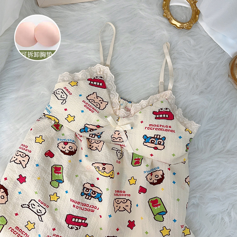 Damas con cojín de pecho pijama verano nuevo simplista dulce dibujos animados casera ropa de dormir pijama