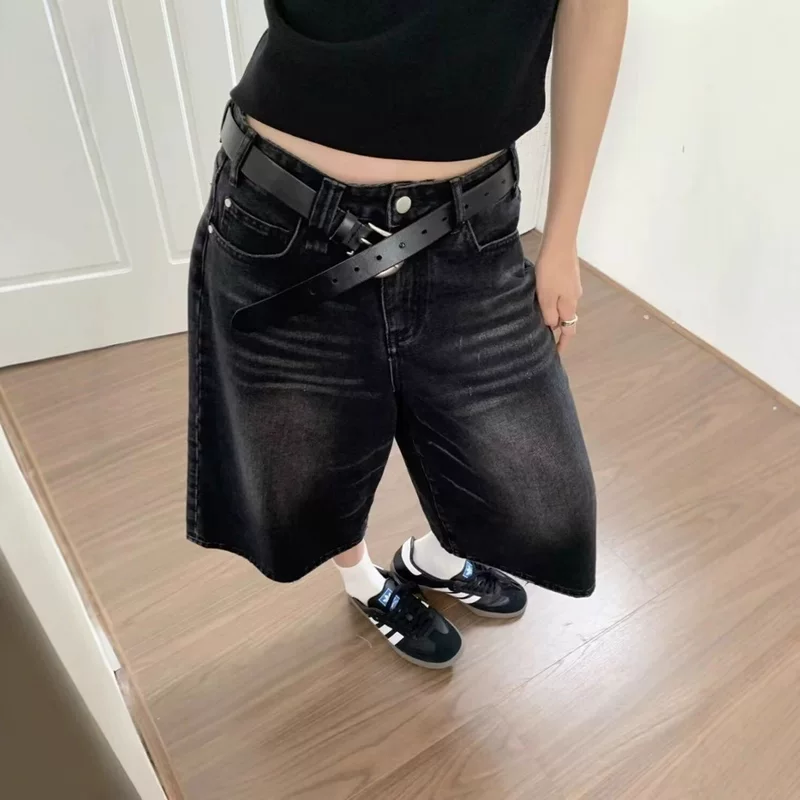 Retro black loose straight jeans, summer trousers, shorts, American style, oversize, plus size