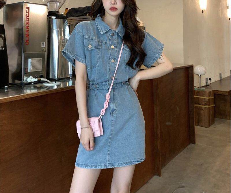 Đầm denim nữ tay ngắn cổ polo dáng chữ A chiết eo phong cách thanh lịch — Màu be, Màu hồng chi tiết 7