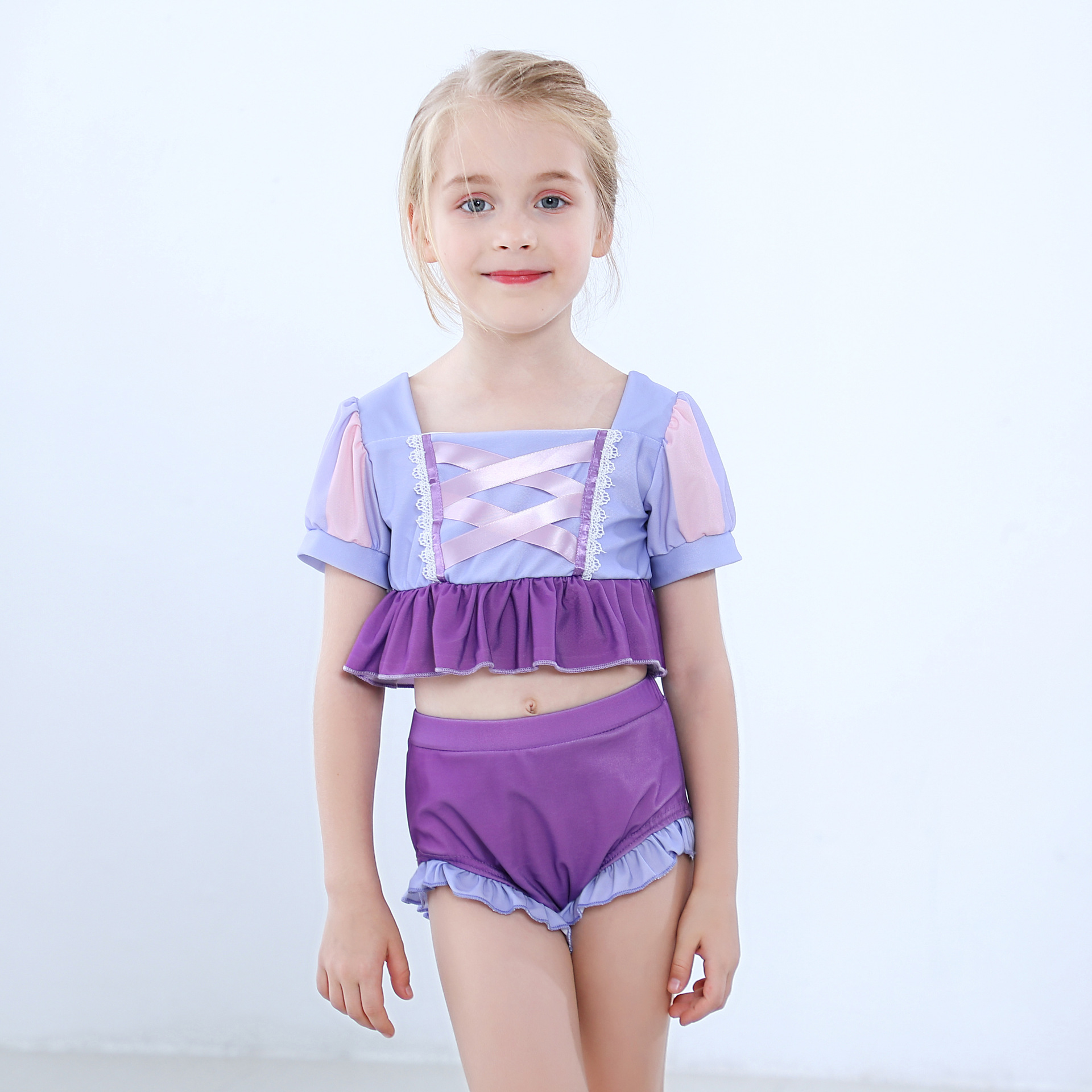 Girl'S Cartoon Color Block Crop Top Kids Swimwear display picture 1