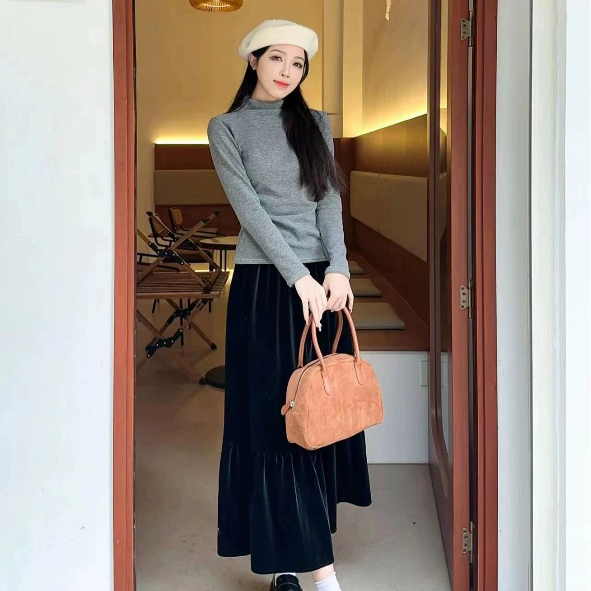 Осенний и зимний полутолщенный воротник новый бархатный узкий топ