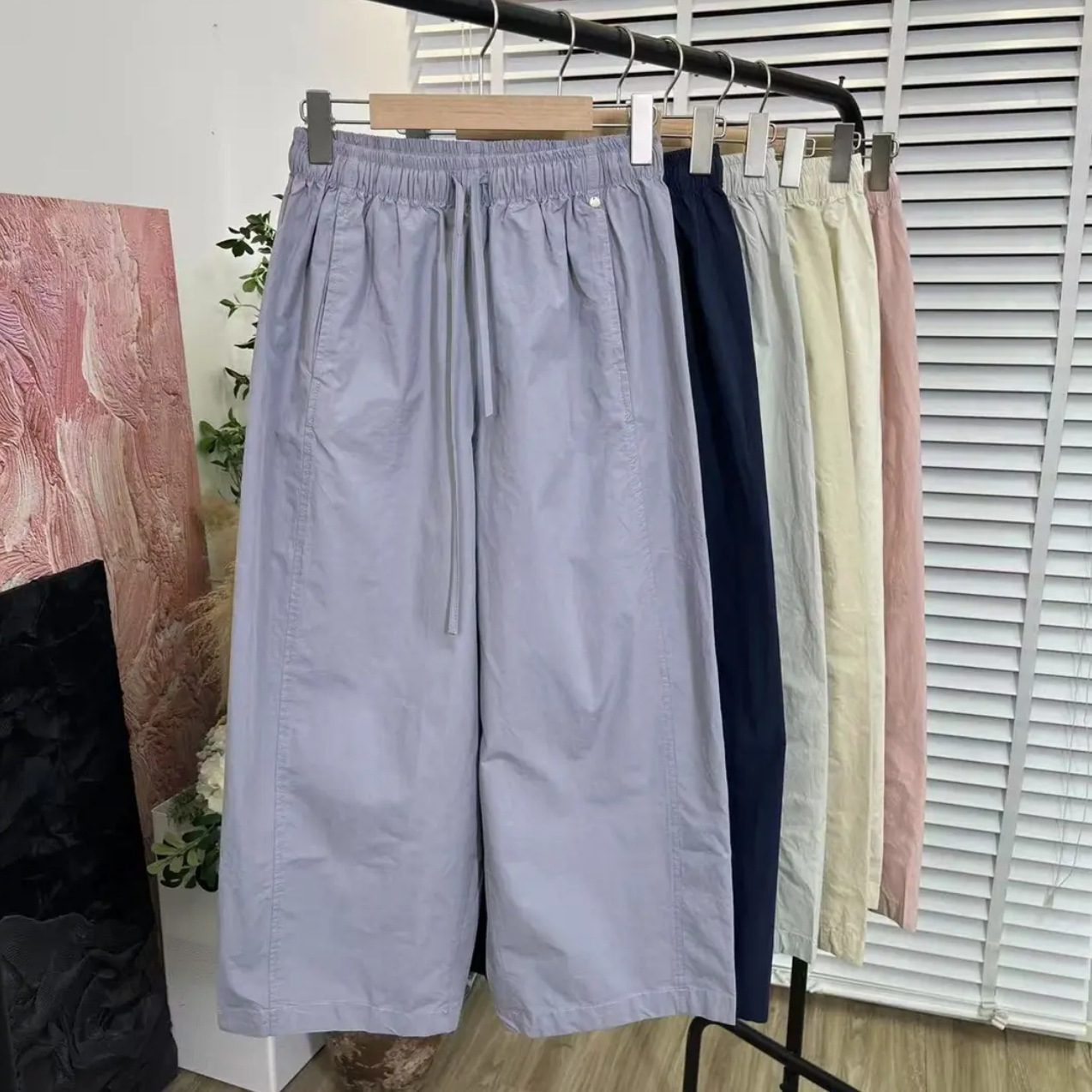 Korean-style elastic waist cotton shell decorative stitching wide-leg casual pants women's spring new solid color all-match pants