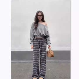 速卖通货源 美式复古条纹休闲直筒裤女秋冬加绒慵懒风宽松拖地裤