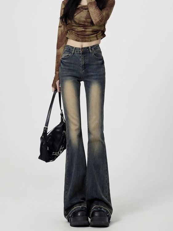 American-style Slim-fit Vintage Thin Velvet Micro-fit Jeans Women's 2024 Winter Simple High Waist Slimming Horseshoe Pants